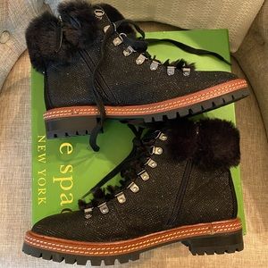 NEW IN BOX KATE SPADE BLACK GLITTER WITH FUR BOOTS